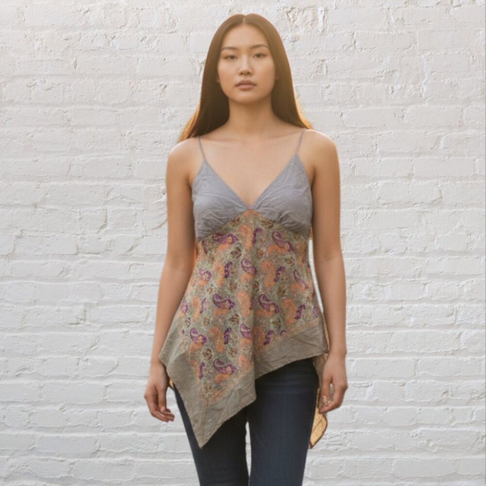 DKNY JEANS -- Halter Top, Beige Paisley Print w/Asymmetrical Hem & Spag Straps